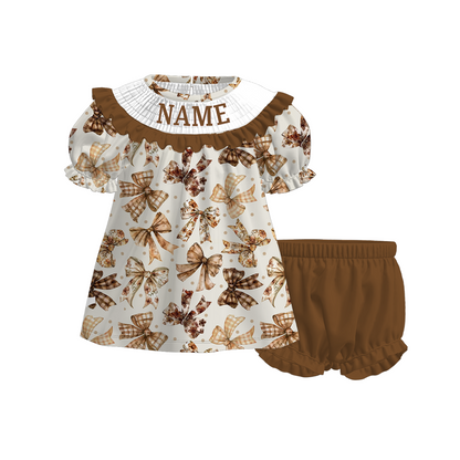 Kids Fall Custom Name Embroidery Brown Bow Plaid Sibling Clothes