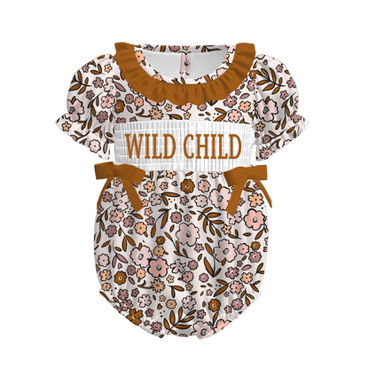 Kids Fall WILD CHILD Embroidery Brown Floral Plaid Sibling Clothes