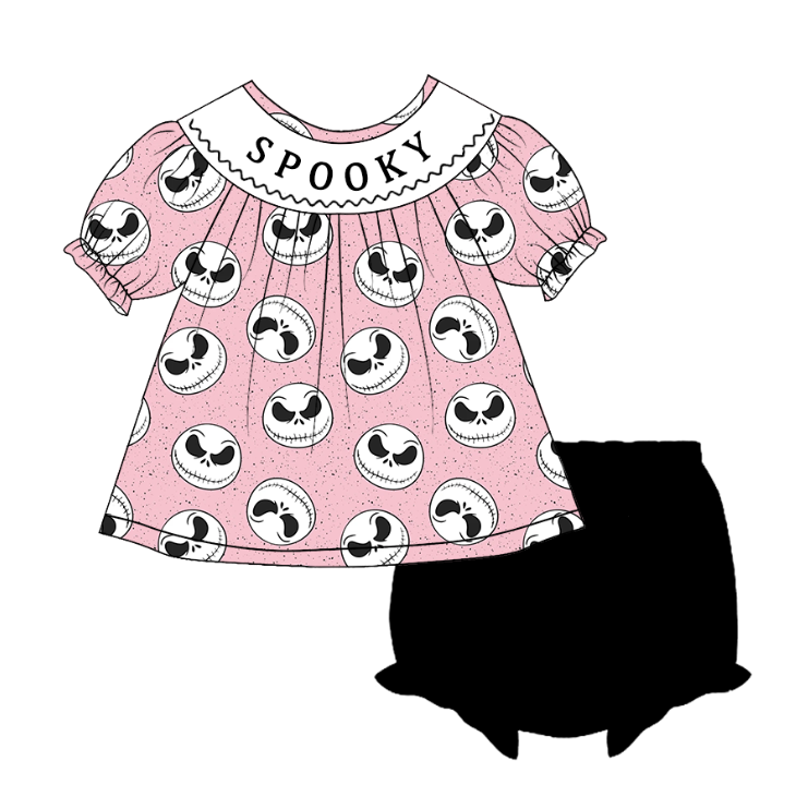 Girls Halloween SPOOKY Smocked Embroidery Custom Name Dress & Baby Set
