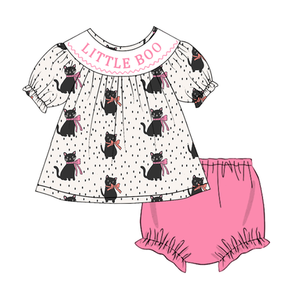 Girls Halloween LITTLE BOO Smocked Embroidery Custom Name Dress & Baby Set