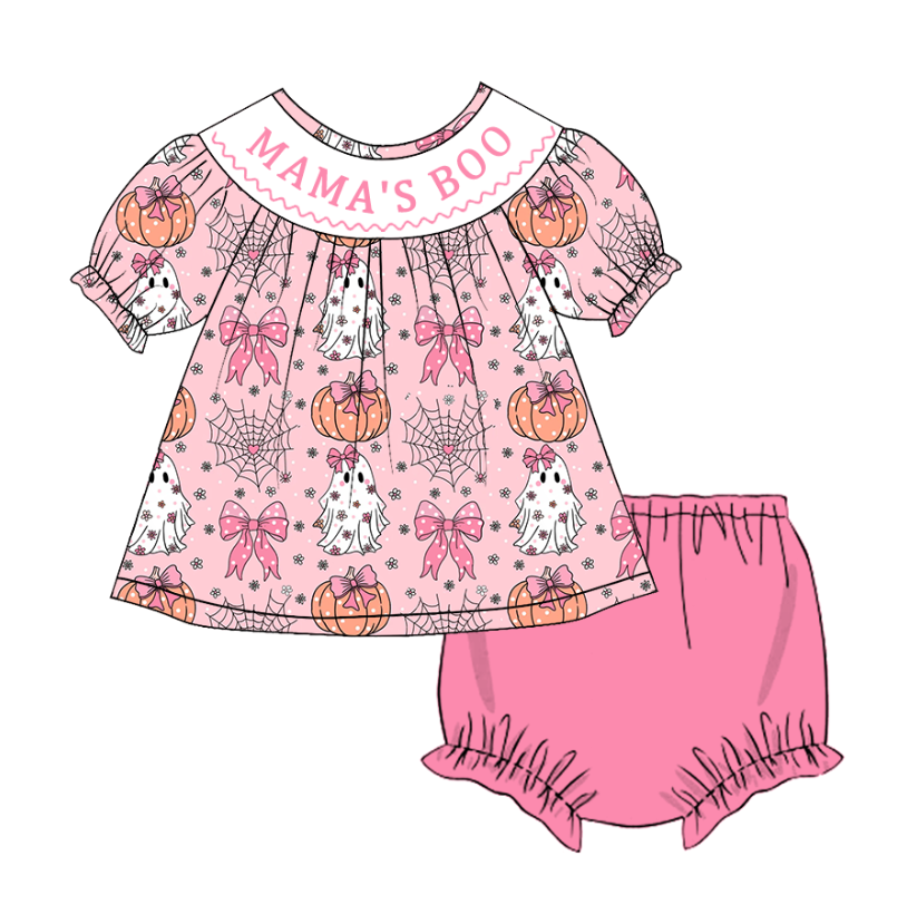 Girls Halloween MAMA'S BOO Smocked Embroidery Custom Name Dress & Baby Set