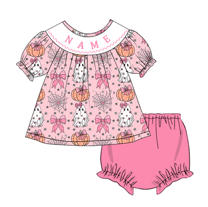 Girls Halloween MAMA'S BOO Smocked Embroidery Custom Name Dress & Baby Set