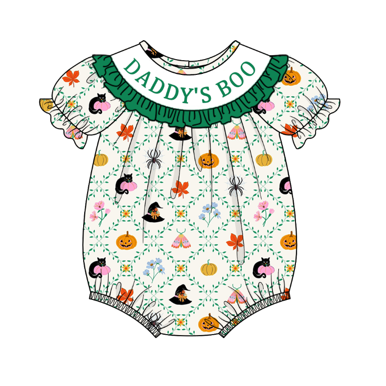 Kids Halloween DADDY'S BOO Embroidery Green Pumpkin Sibling Clothes