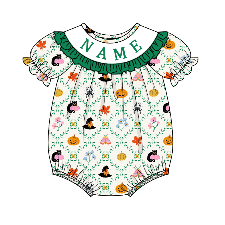 Kids Halloween CUSTOM NAME Embroidery Green Pumpkin Sibling Clothes