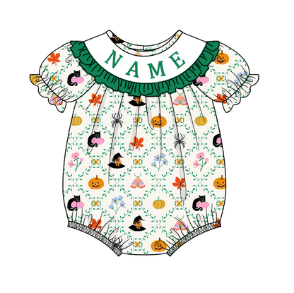 Kids Halloween CUSTOM NAME Embroidery Green Pumpkin Sibling Clothes