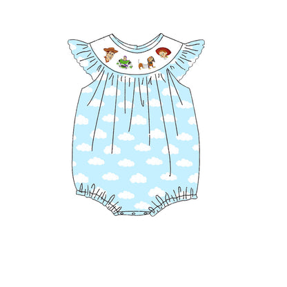Kids Blue Cloud Cartoon Embroidery Smocked Sibling Clothes Collection