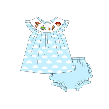 Kids Blue Cloud Cartoon Embroidery Smocked Sibling Clothes Collection