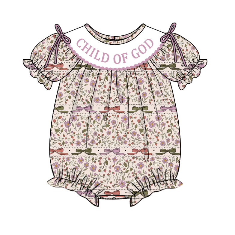 Girls Fall Autumn Embroidery Smocked Bow Floral Dress & Bubble