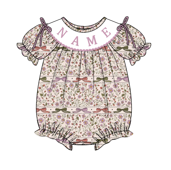 Girls Custom Name Embroidery Smock Pink Floral Fall Dress & Bubble
