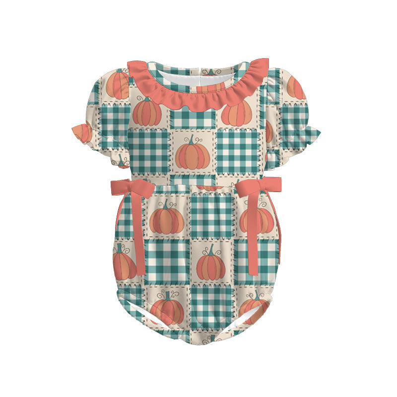 Kids Fall Autumn Green Pumpkin Plaid Dress Romper Top Sibling Clothes