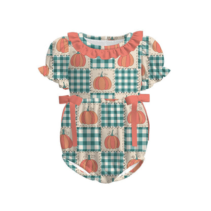 Kids Fall Autumn Green Pumpkin Plaid Dress Romper Top Sibling Clothes