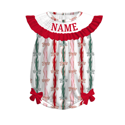 Girls Christmas Red Green Bow Custom Name Dress & Romper