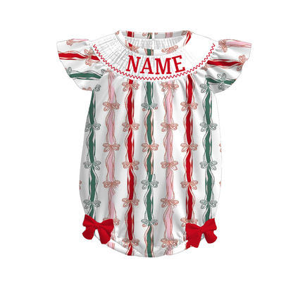 Girls Christmas Red Green Bow Custom Name Dress & Romper