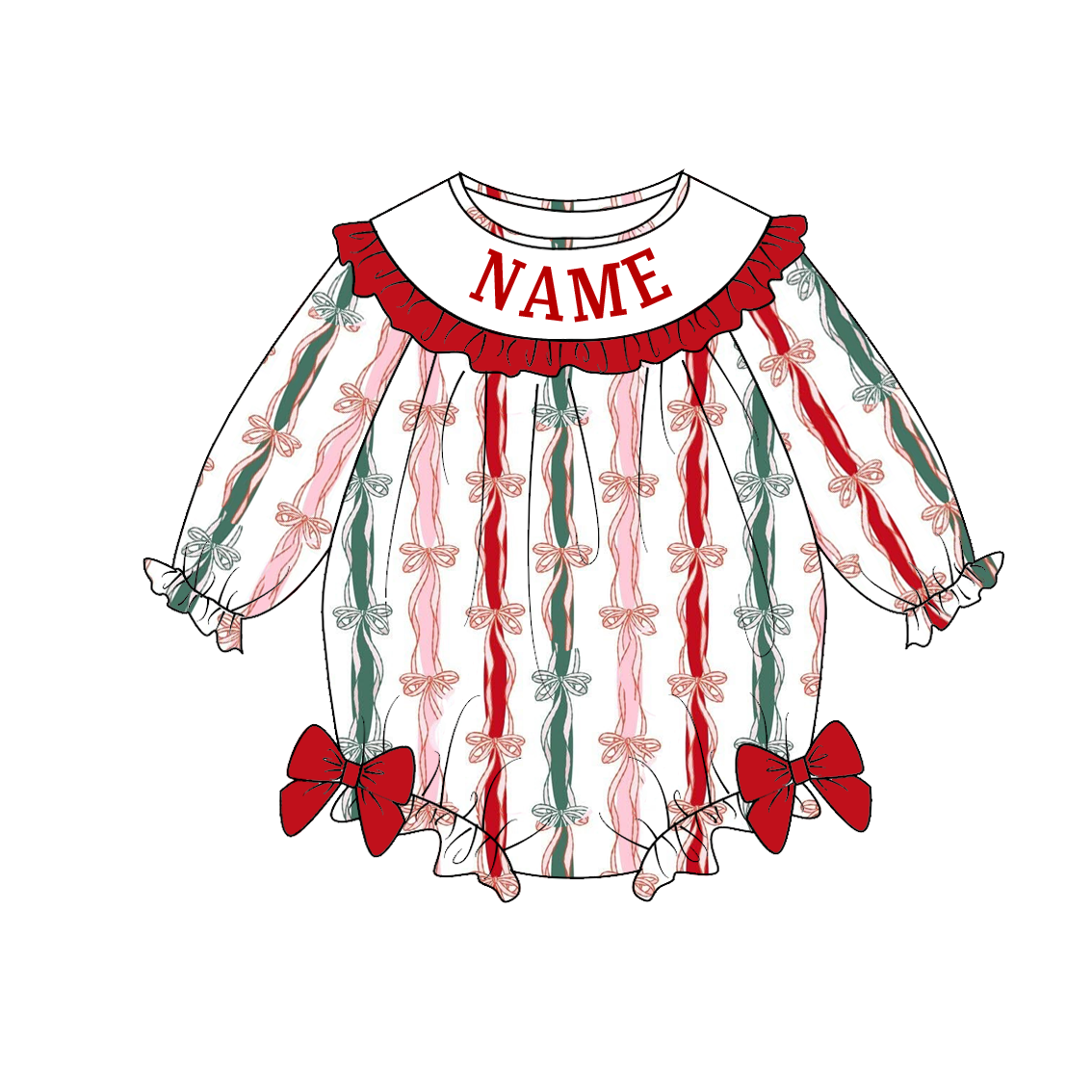 Girls Christmas Red Green Bow Custom Name Dress & Romper