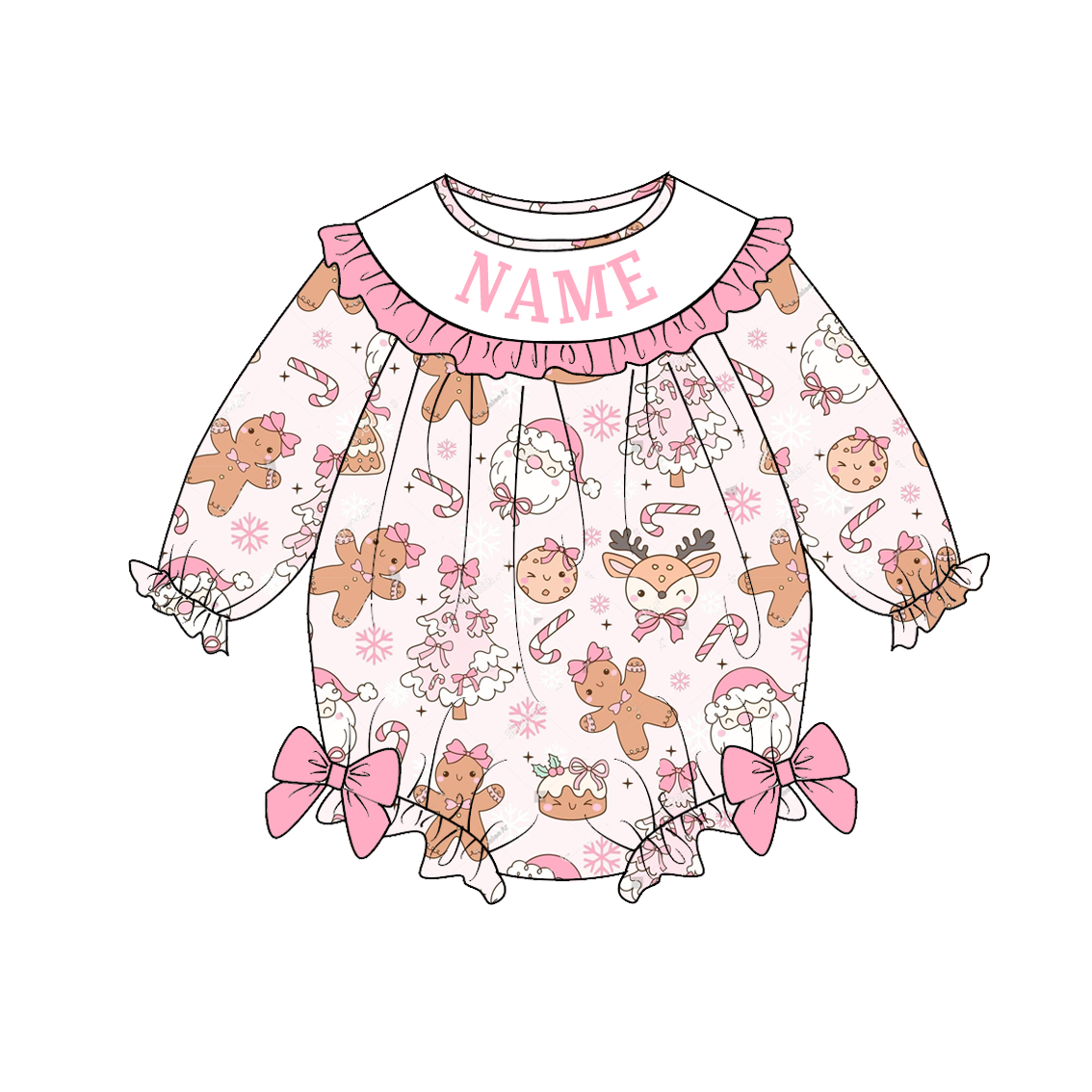 Girls Christmas Gingerbread Santa Custom Name Dress & Romper