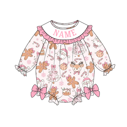 Girls Christmas Gingerbread Santa Custom Name Dress & Romper