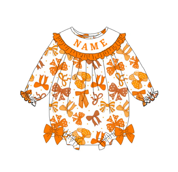 Girls Fall Custom Name Embroidery Smock Bow Print Dress & Bubble