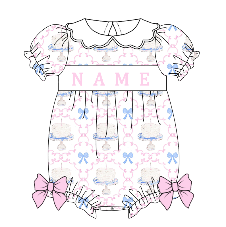 Kids Birthday Custom Name Embroidery Bow Cake Blue Sibling Clothes