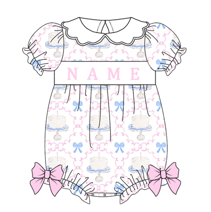 Kids Birthday Custom Name Embroidery Bow Cake Blue Sibling Clothes