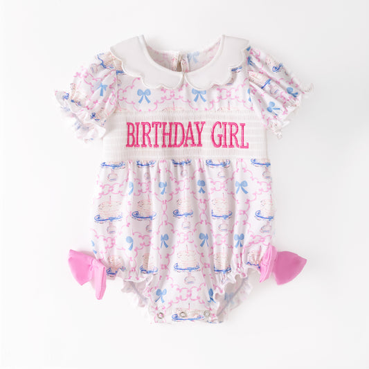Baby Girls Summer Fall BRITHDAY GIRL Embroidered Smock Romper