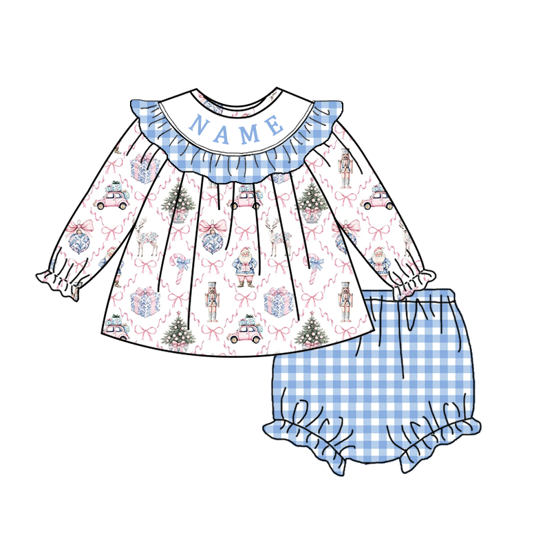 Girls Christmas Santa Bow Smocked Embroidery Custom Name Dress & Baby Set