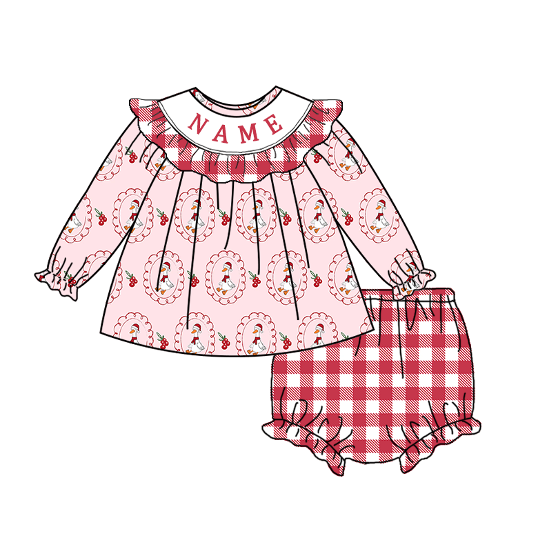 Girls Christmas Goose Smocked Embroidery Custom Name Dress & Baby Set