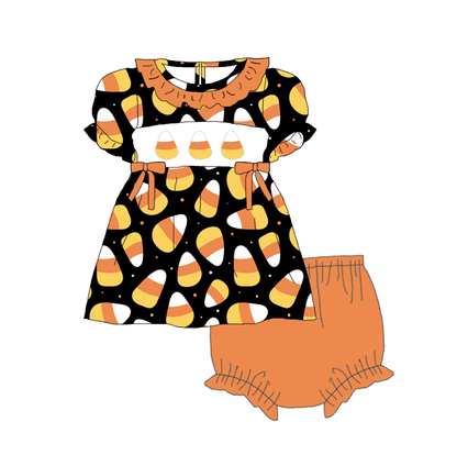 Girls Sister Halloween Corn Smock Embroidery Short & Ropmer Set