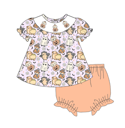Girls Halloween Pumpkin Smocked Embroidery Custom Name Dress & Baby Set
