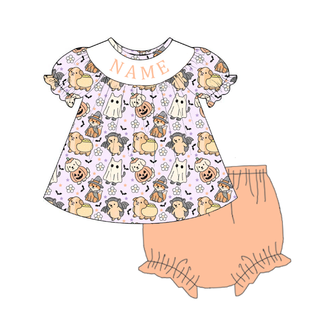 Girls Halloween Pumpkin Smocked Embroidery Custom Name Dress & Baby Set