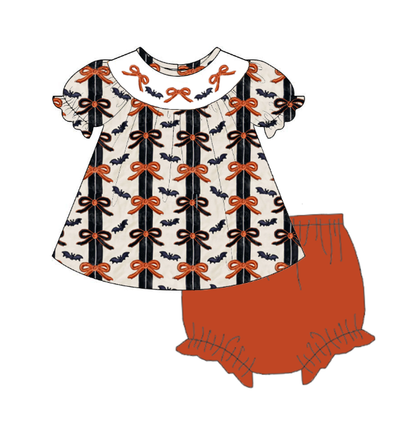 Girls Fall Bow Smocked Embroidery Custom Name Dress & Baby Set