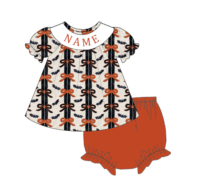 Girls Fall Bow Smocked Embroidery Custom Name Dress & Baby Set