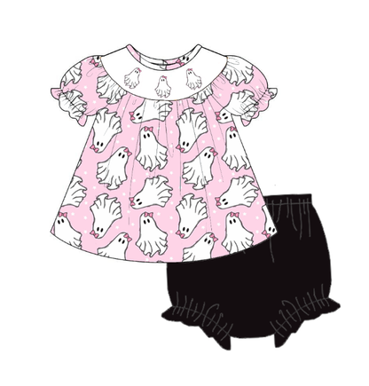 Girls Halloween Ghost Smocked Embroidery Custom Name Dress & Baby Set