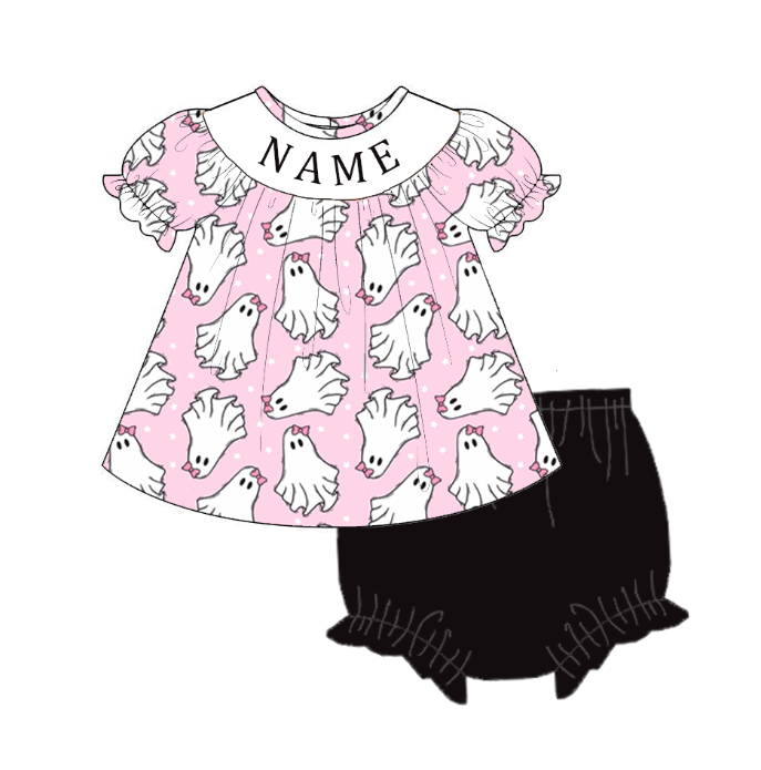 Girls Halloween Ghost Smocked Embroidery Custom Name Dress & Baby Set