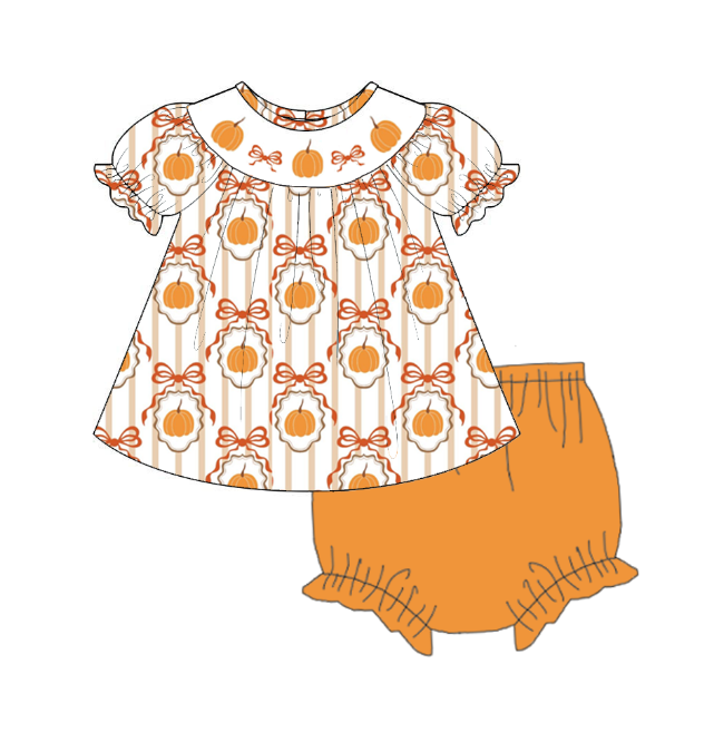 Girls Halloween Pumpkin Smocked Embroidery Custom Name Dress & Baby Set