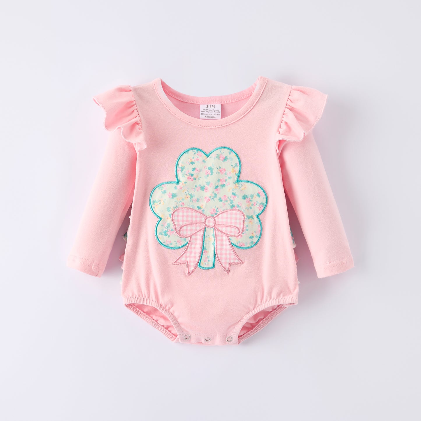 Sweet Clover Charm Embroidered Baby Pink Romper St. Patrick’s Day