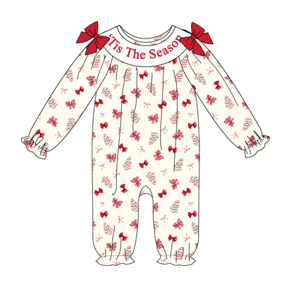 Christmas Tis The Season Sister Embroidered Red Bow Dress&Romper