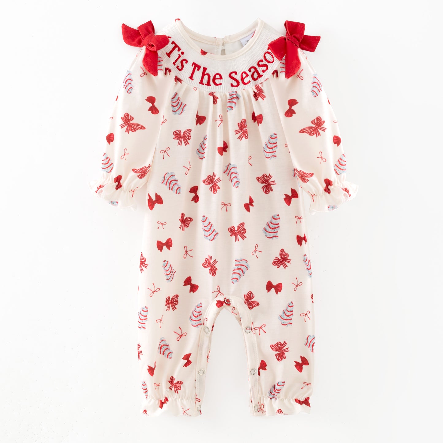 Christmas Tis The Season Sister Embroidered Red Bow Dress&Romper