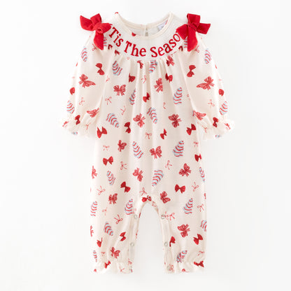 Christmas Tis The Season Sister Embroidered Red Bow Dress&Romper