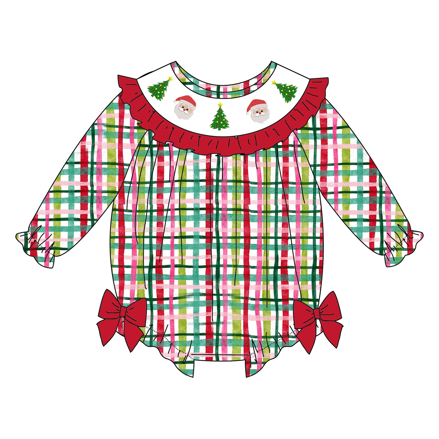 Girls Red Green Plaid Santa Christmas Tree Embroidery Smock Clothes