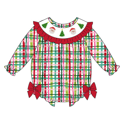Girls Red Green Plaid Santa Christmas Tree Embroidery Smock Clothes