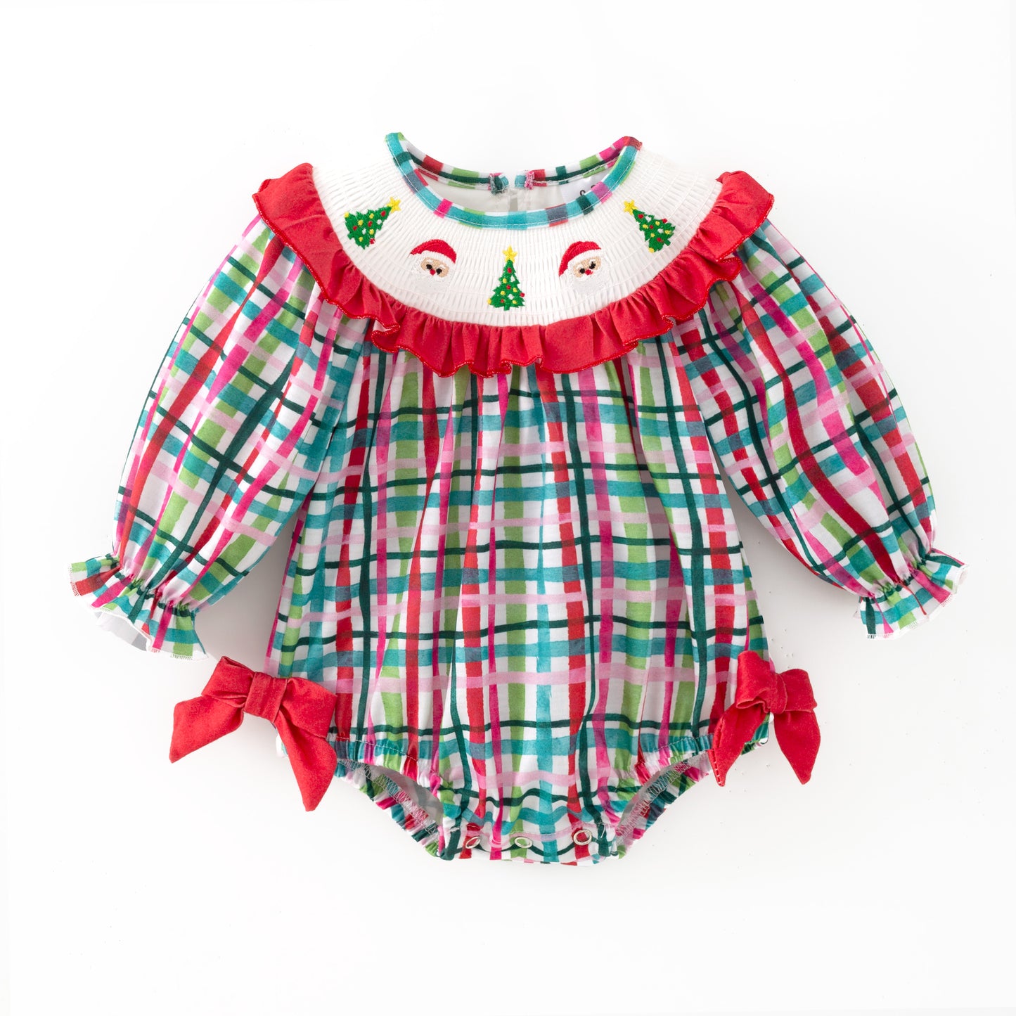 Girls Red Green Plaid Santa Christmas Tree Embroidery Smock Clothes