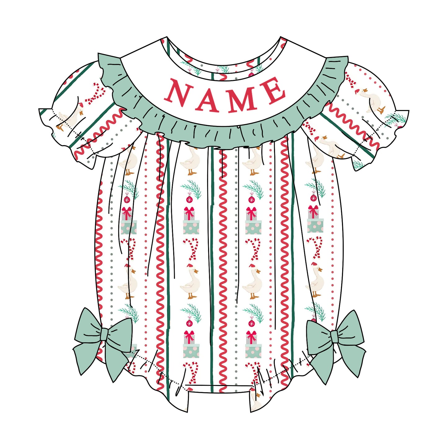 Girls Christmas Custom Name Embroidery Smock Goose Dress & Bubble