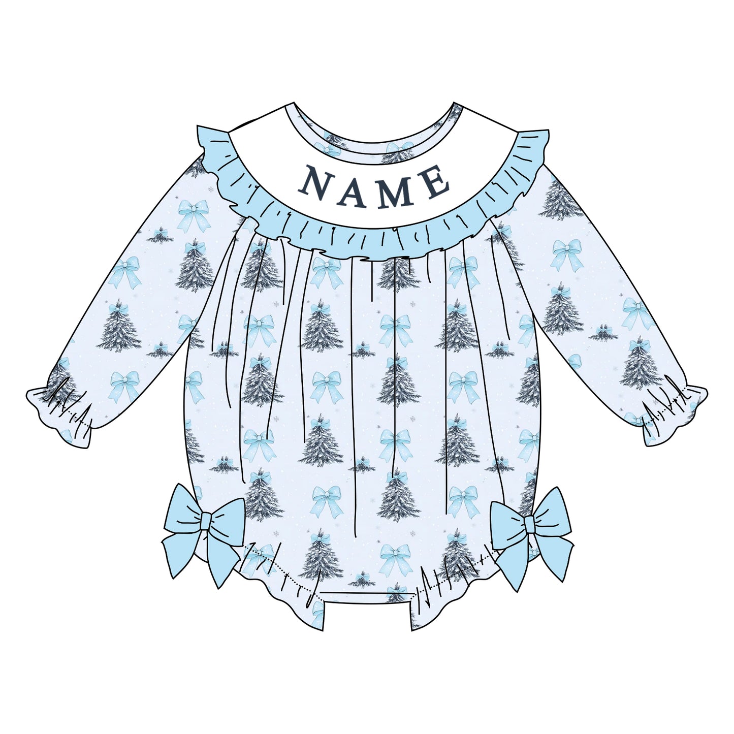 Girls Custom Name Embroidery Smock Christmas Tree Dress & Bubble