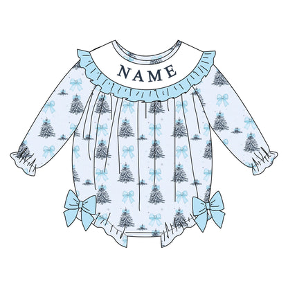 Girls Custom Name Embroidery Smock Christmas Tree Dress & Bubble