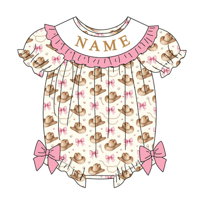 Girls Custom Name Embroidery Smock Cowboy Hat Dress & Bubble