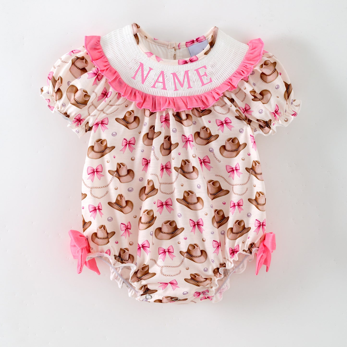 Girls Custom Name Embroidery Smock Cowboy Hat Dress & Bubble