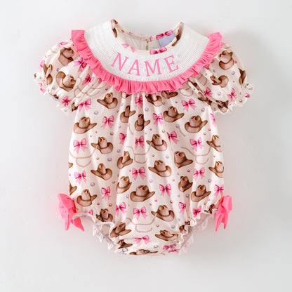 Girls Custom Name Embroidery Smock Cowboy Hat Dress & Bubble