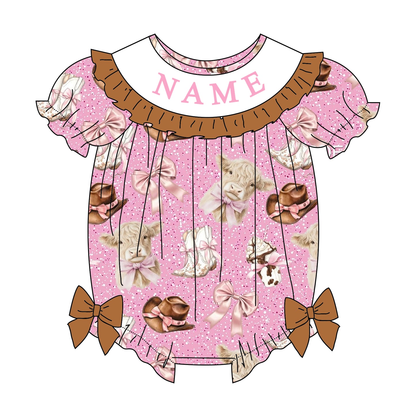 Girls Custom Name Embroidery Smock Western Dress & Bubble