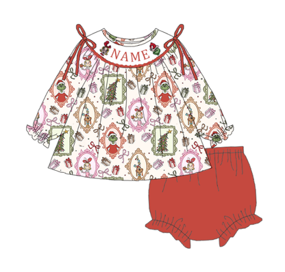 Christmas Grinch Custom Name Smocked Embroidery Kids Outfit Collection