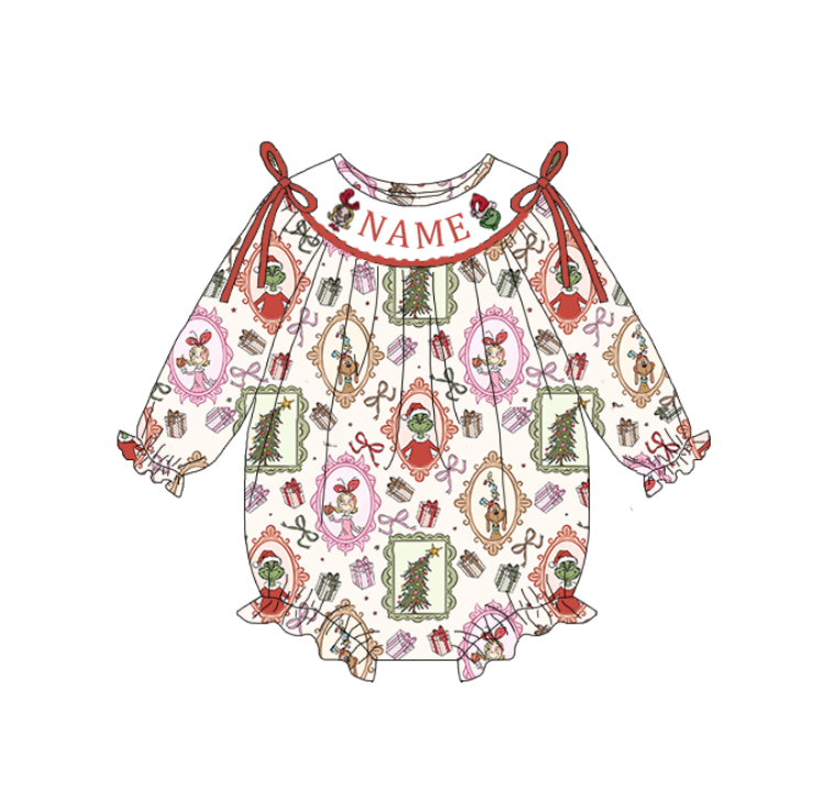 Christmas Grinch Custom Name Smocked Embroidery Kids Outfit Collection